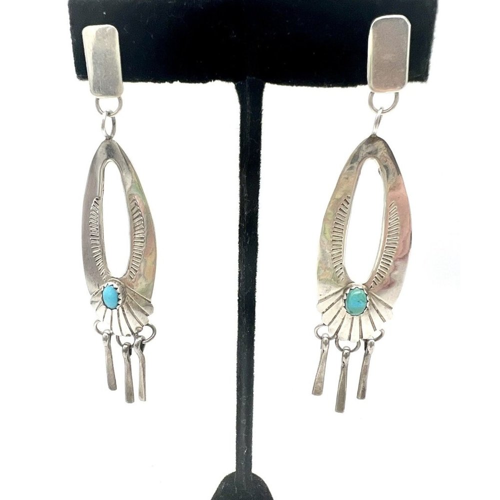 Navajo Sterling Turquoise Dangle Earrings by Pat Platero Handmade Silver 925 - Picture 4 of 7